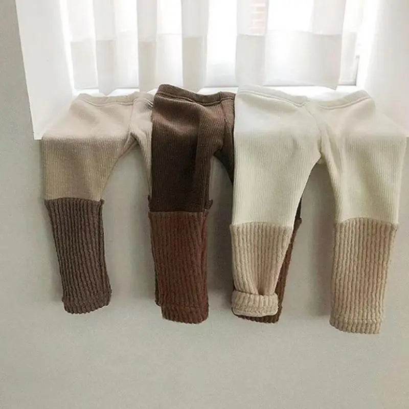 Baby Unisex Winter Plush Leggings Kids Casual Skinny Pants Simple Striped New Render Pants Ribbed Warm Soft Elasticity Trousers