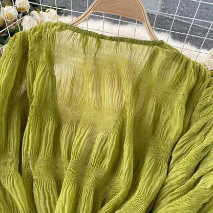 Women Sexy Chiffon Short Blouse Female See Through Super Long Sleeve Purple/Green/Black/White Folds Party Tops 2026 New