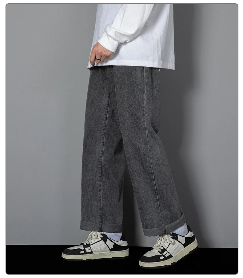 2026 New Korean Men's Casual Long Jeans Classic Man Straight Denim Wide-leg Pants Solid Color Light Blue Grey Black 3XL