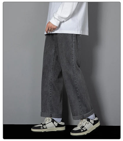 2026 New Korean Men's Casual Long Jeans Classic Man Straight Denim Wide-leg Pants Solid Color Light Blue Grey Black 3XL