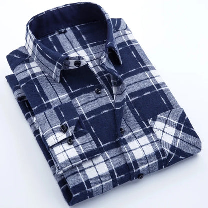 Men's Slim-fit Casual Brushed Flannel Contrast Plaid Shirt Single Patch Chest Pocket Comfortable Soft Long Sleeve Gingham Shirts
