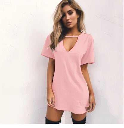 Deep V Neck Sexy Summer Dress Women Solid Color Hanging neck hollow White Mini Dress Pleated Party Dress