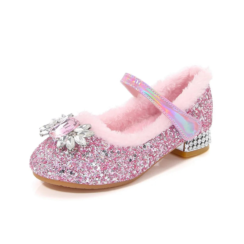 Disney Princess Crystal Girls Shoes Frozen Elsa Sophia Rhinestones Shoes Performance Party High Heels Pink Blue Shoes Size 23-36