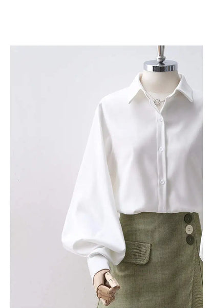 Lantern Sleeves Vintage Shirts Women Elegant White Women's Blouse with Lush Sleeves 2026 Fashion Button Up Shirt Black dropship