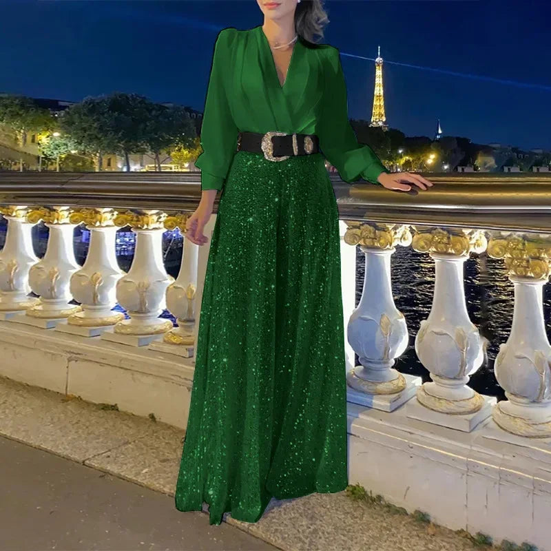 BWQ Splice Sequins Maxi Dresses For Women Fashion Folds Loose V Neck Elegant Dress Femme Party Evening Dresses Luxury 2026