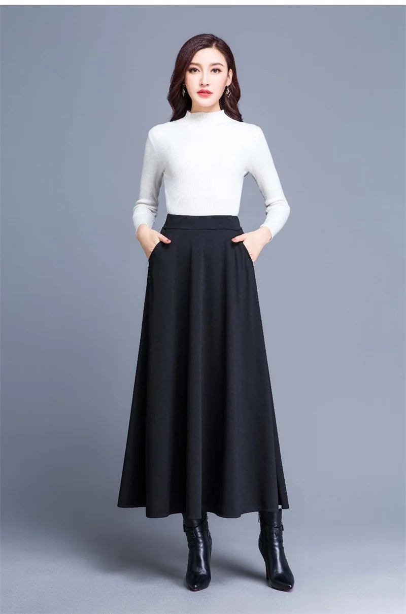 Spring Autumn Large Size A-Line Skirts Women Elastic High Waist Wine Red Black Long Skirt Female Casual Solid Color Maxi Skirts