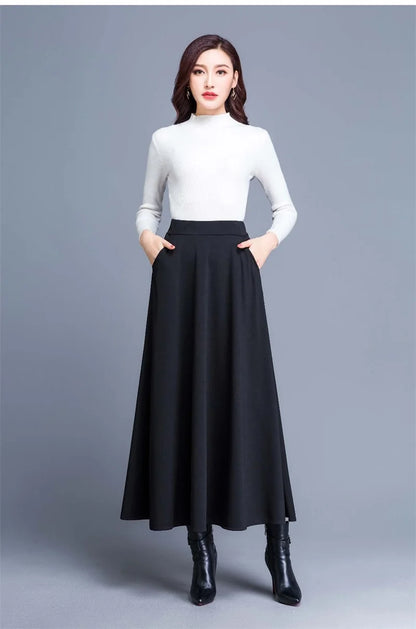 Spring Autumn Large Size A-Line Skirts Women Elastic High Waist Wine Red Black Long Skirt Female Casual Solid Color Maxi Skirts