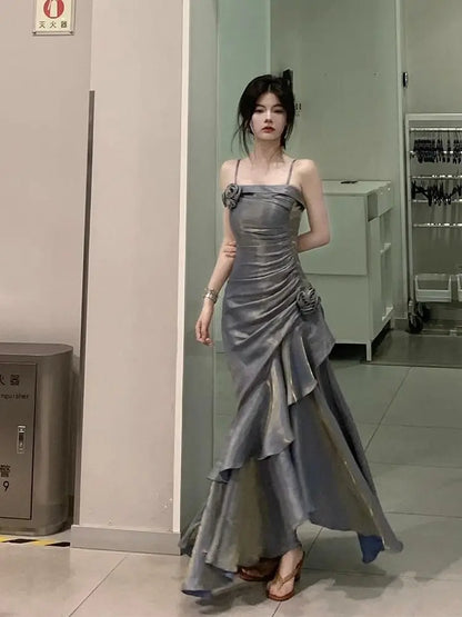 Korean Vintage Velvet Long Dress Women Luxury Slim Mermaid Spaghetti Strap Floral Dress Elegant Sexy Casual Evening Party Dress