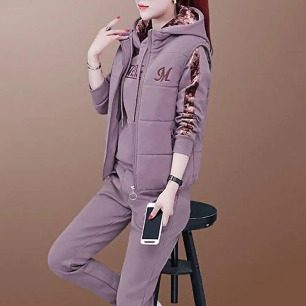 3Pcs/Set Simple Waistcoat Hoodie Pants Patchwork Color Women Tracksuit Multi Pockets Cold Resistant