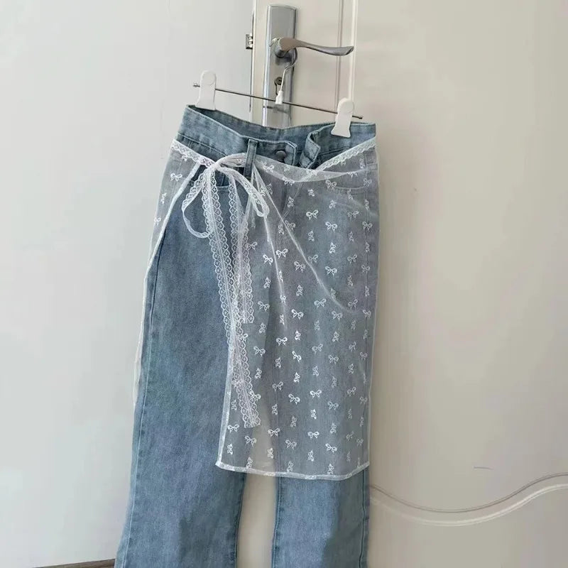 New Fashion Lace Layered Gauze Skirt with Tie Up Spicy Girl Stacked Skirt Y2k Streetwear Apron Wrap Skirt Lace Up Matching Pants