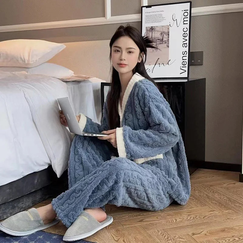 2pcs/Set Autumn And Winter Pajamas Women Thickened Padded Warm Students Coral Girls Clot Velvet Suit Home wear Cardigan Trousers