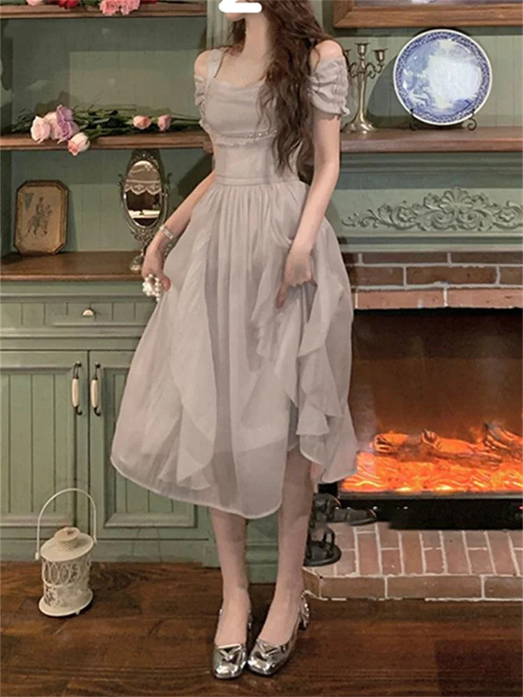 Korean Casual Midi Dress for Women 2026 New Summer Fashion Elegant Off The Shoulder Folds Ruffle Female Clothes Birthday Dress