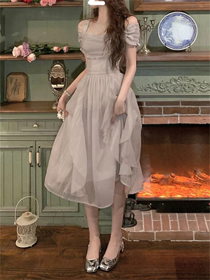 Korean Casual Midi Dress for Women 2026 New Summer Fashion Elegant Off The Shoulder Folds Ruffle Female Clothes Birthday Dress