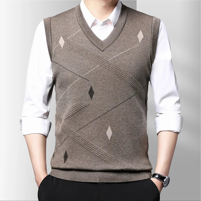 Men's Vest Knitted V-neck Young Business Sleeveless Jacquard Banquet Base Fashion Men's Vest