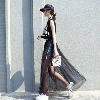 Women's Perspective Mesh Half Skirt Single Layer Long Skirt