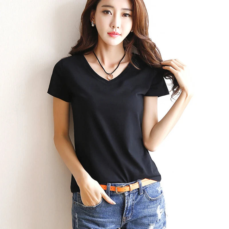 2026 Short T-Shirts Summer Women's Short Sleeve Round Neck Casual Blouse Shirts Solid Color Tops  Black / White