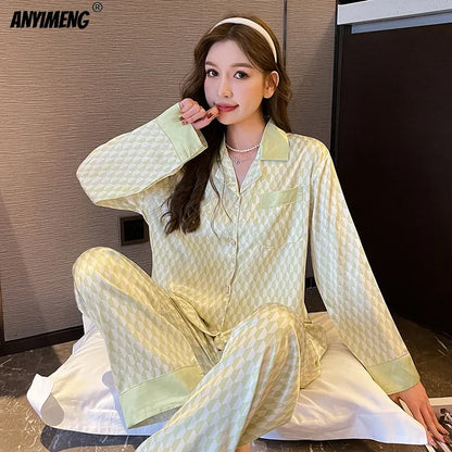 Women Casual Luxury Pajamas Thin Pajamas Female Sleepwear New Elegant Ladies Faux Silk Polyester Dots Pajama Sets Sexy Home wear