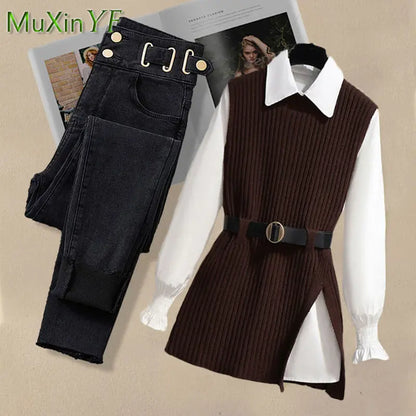 2026 Spring New Korean Elegant in Matching Set Women's Fashion Knitted Vest+ Shirt+ Jeans Three Piece Female Chic Denim Pants Suit