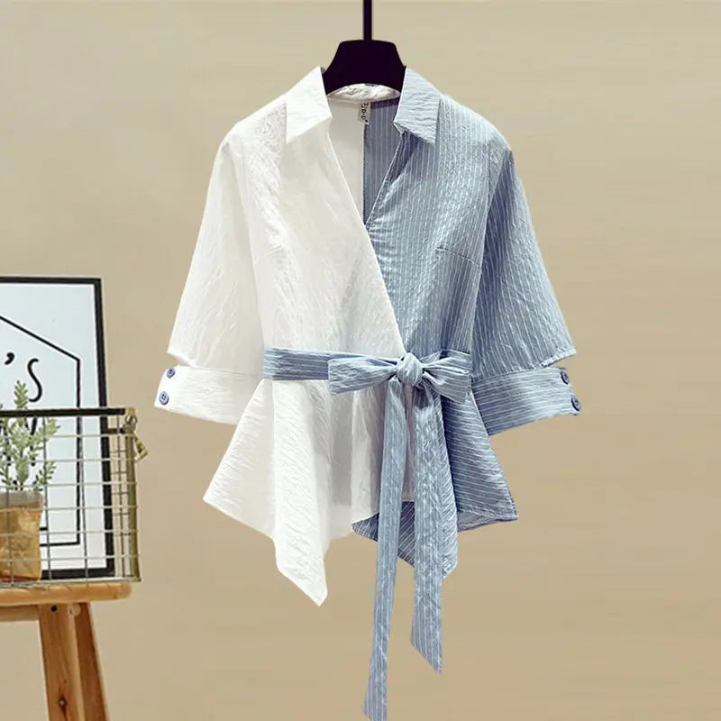 2026 Summer New Stitched Chiffon Shirt Female Set Elegant Women's Jeans Casual Blouse Two Piece Set Ladies Tracksuits
