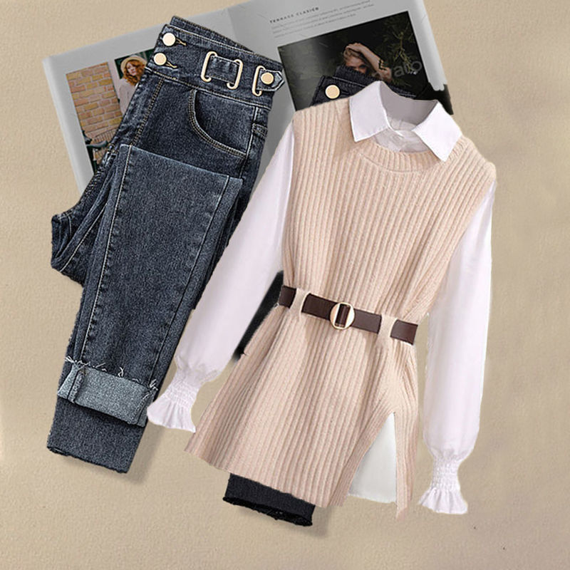 2026 Autumn Increased Size Korean Popular Chiffon Shirt Knitted Sweater Jeans Three Piece Elegant Women's Pants Set Tracksuit