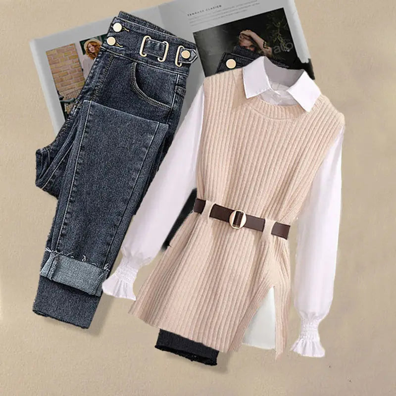 2026 Autumn Increased Size Korean Popular Chiffon Shirt Knitted Sweater Jeans Three Piece Elegant Women's Pants Set Tracksuit