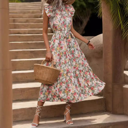 Elegant Floral Prints Dresses For Summer Women Dress 2025 New O-neck Short Flying Sleeves Lace Up High Waisted Midi Dress Woman