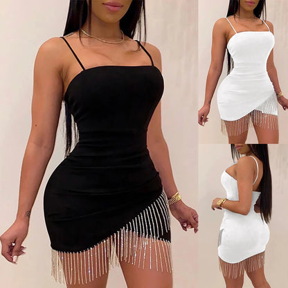 Birthday Woman Party Night Tassel Split Dress Short Sexy Dresses Summer Elegant Sleeveless Bodycon Solid Color White/Black