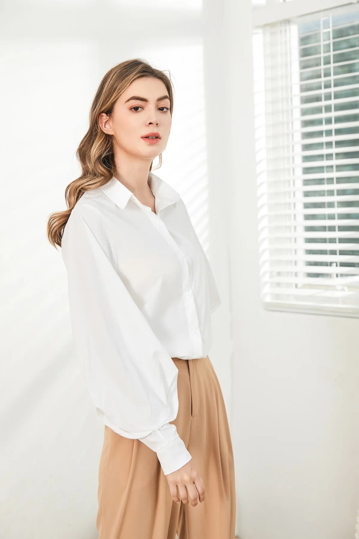 Lantern Sleeves Vintage Shirts Women Elegant White Women's Blouse with Lush Sleeves 2026 Fashion Button Up Shirt Black dropship