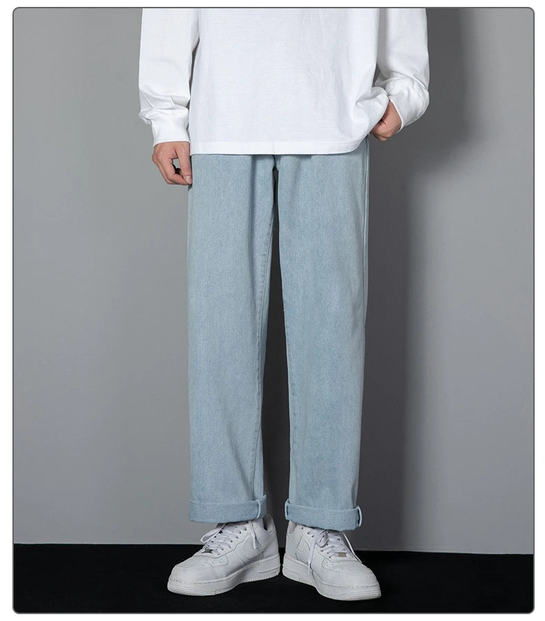 2026 New Korean Men's Casual Long Jeans Classic Man Straight Denim Wide-leg Pants Solid Color Light Blue Grey Black 3XL