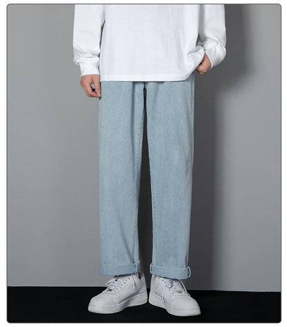 2026 New Korean Men's Casual Long Jeans Classic Man Straight Denim Wide-leg Pants Solid Color Light Blue Grey Black 3XL