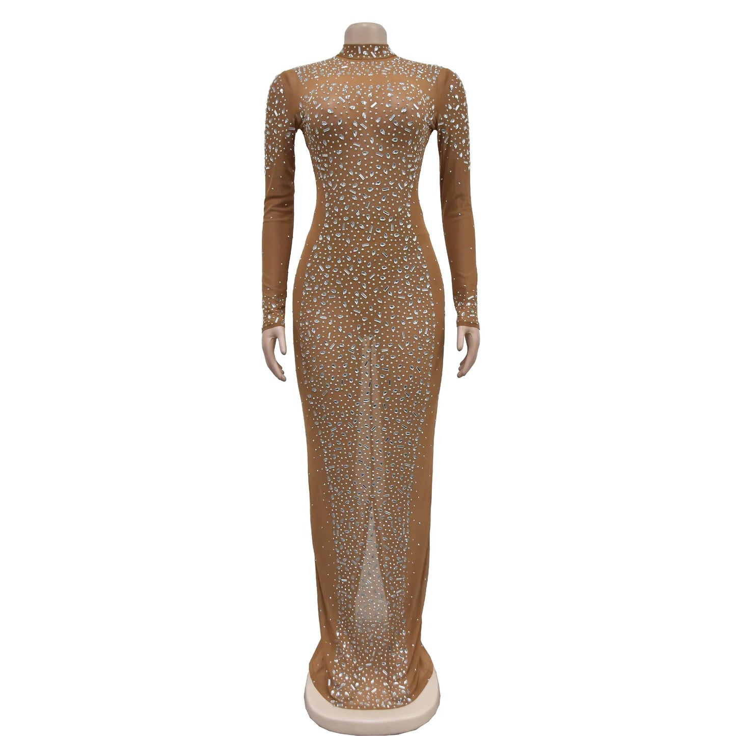 Women Sexy See Through Sheer Mesh Rhinestone Décor Long Sleeve Maxi Party Dress