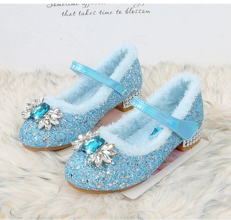 Disney Princess Crystal Girls Shoes Frozen Elsa Sophia Rhinestones Shoes Performance Party High Heels Pink Blue Shoes Size 23-36