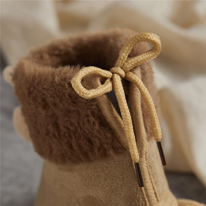 Suefunskry Toddler Baby Girls Boys Boots Winter Warm Soft Sole Fluffy Lace up Boots Cute Plush Pom Decoration Non Slip Shoes