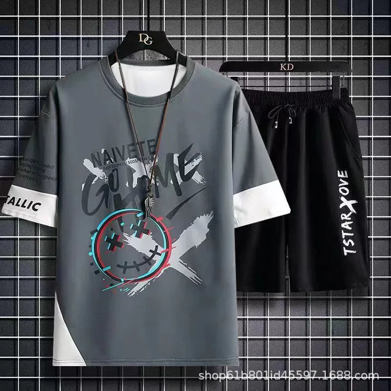 Summer Men Sets 2 Piece Set Tracksuits T-shirt for Men sport gym Casual Men Clothing Y2K Joggers Plaid T Shirt Shorts Outfit