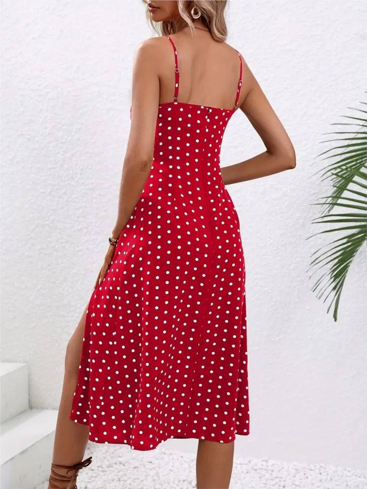 2026 Summer Sexy Spaghetti Straps Dress Women Fashion Polka Dot Print Sleeveless Slit Dress Boho Casual Beach Midi Dresses