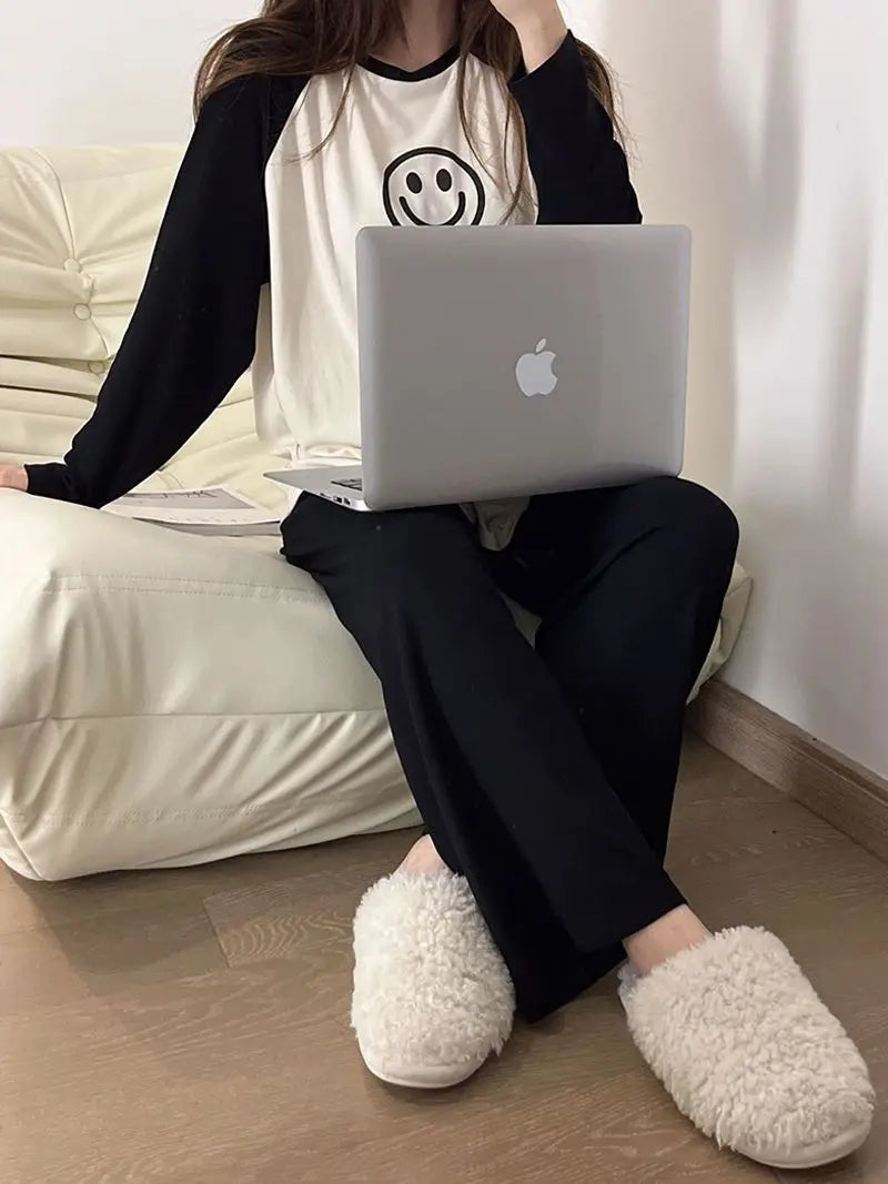 Women Spring Autumn Pajamas Set Female Solid Long-sleeved Pant Home Clothing Simple Loose Casual Smile Face Print Sleepwear XXL