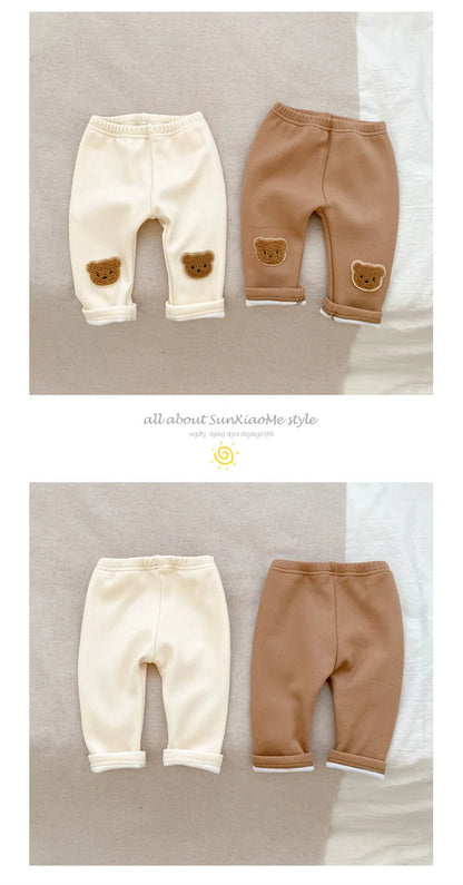 0-3T Newborn Kid Baby Boy Girl Winter Clothes Warm Plush Baby Pants Thick Cotton Stretch Bear Print Leggings Cute Outfit