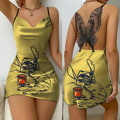 Bow Knot Party Dresses Mini Dress Disney Stitch Pajama Skirt Satin Surface Women's Fashion Summer 2025 Sexy Lace Backless Disney