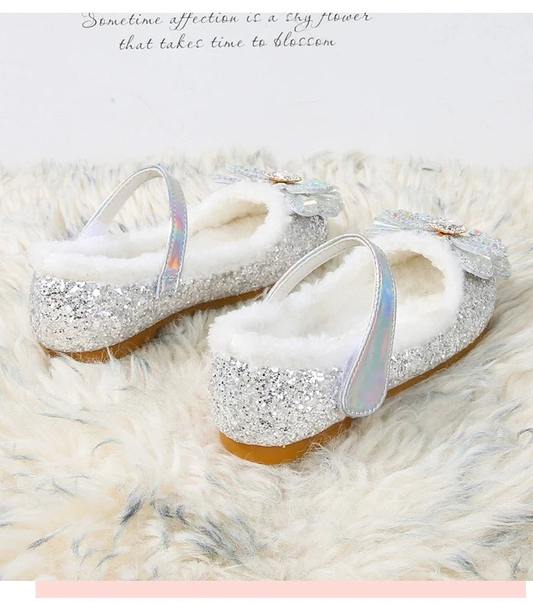 Disney Autumn Fashion Pearl Bow Rhinestone Frozen Elsa Princess Girl Shoes Flat Kids Princess Warm Winter Shoes Size 23-36