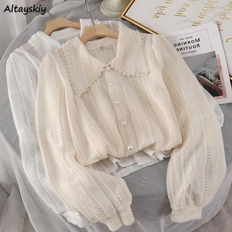 Shirts Women Peter Pan Collar Hollow Out Fashion Tender Sweet Solid Young French Style Elegant Ins Топ Женский New Arrival Chic