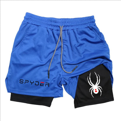 Y2K Performance Shorts Men Spider Printed GYM Casual Sports Compression Shorts Workout Running Mesh 2 In 1 Sport Short Pants