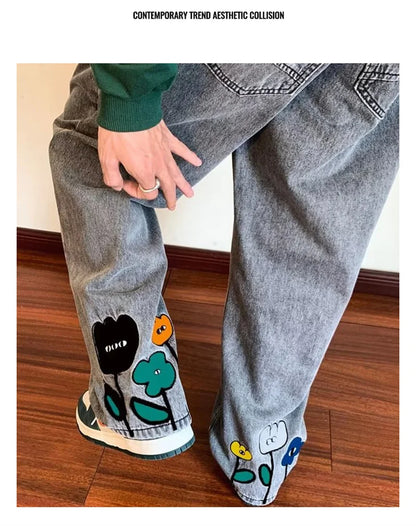 New Men's Y2K Flower Printed Baggy Jeans 2026 Streetwear American Casual Denim Wide-leg Pants Hombre Vintage Straight Trousers