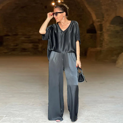 Women 2-piece Set, Satin Loose Fitting Suit, Short Sleeved T-shirt, 2 Pairs Of Pants, Summer Conjuntos Para Majerus 2 Piazzas