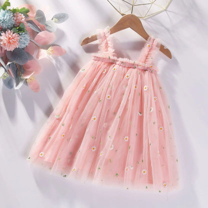 Hot New Baby Girl clothes High Quality Flower Embroidery Halter Mesh Little Girls Dress Cute Baby Dress Sweet Princess Frock