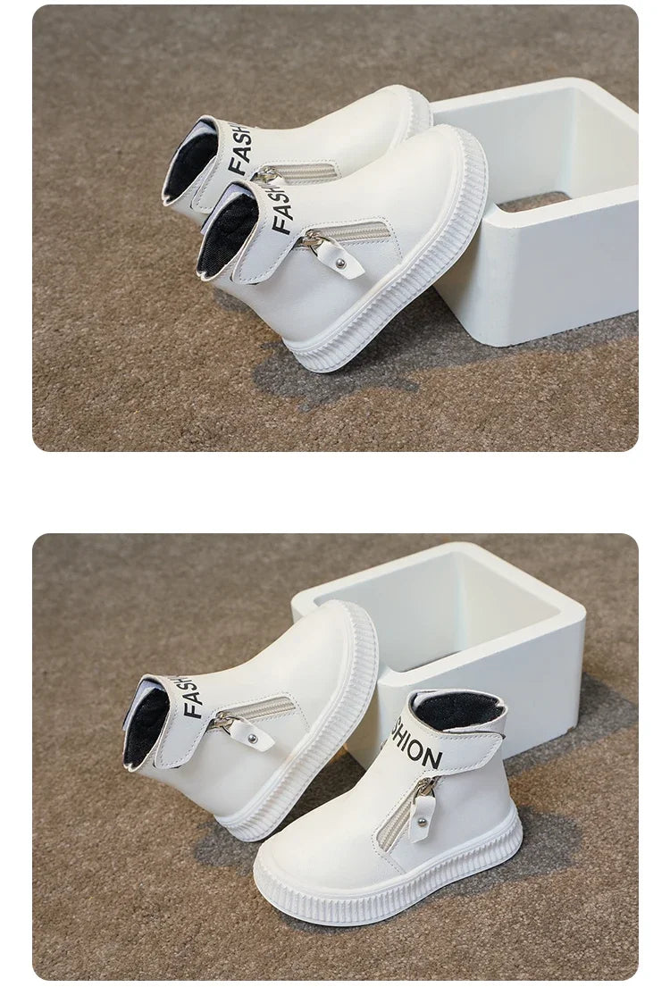 Children Fashion Boots Side Zipper Round-toe Kids Sport Boots Classic Solid Color Non-slip Boys Girls Leather Boots 2025 New