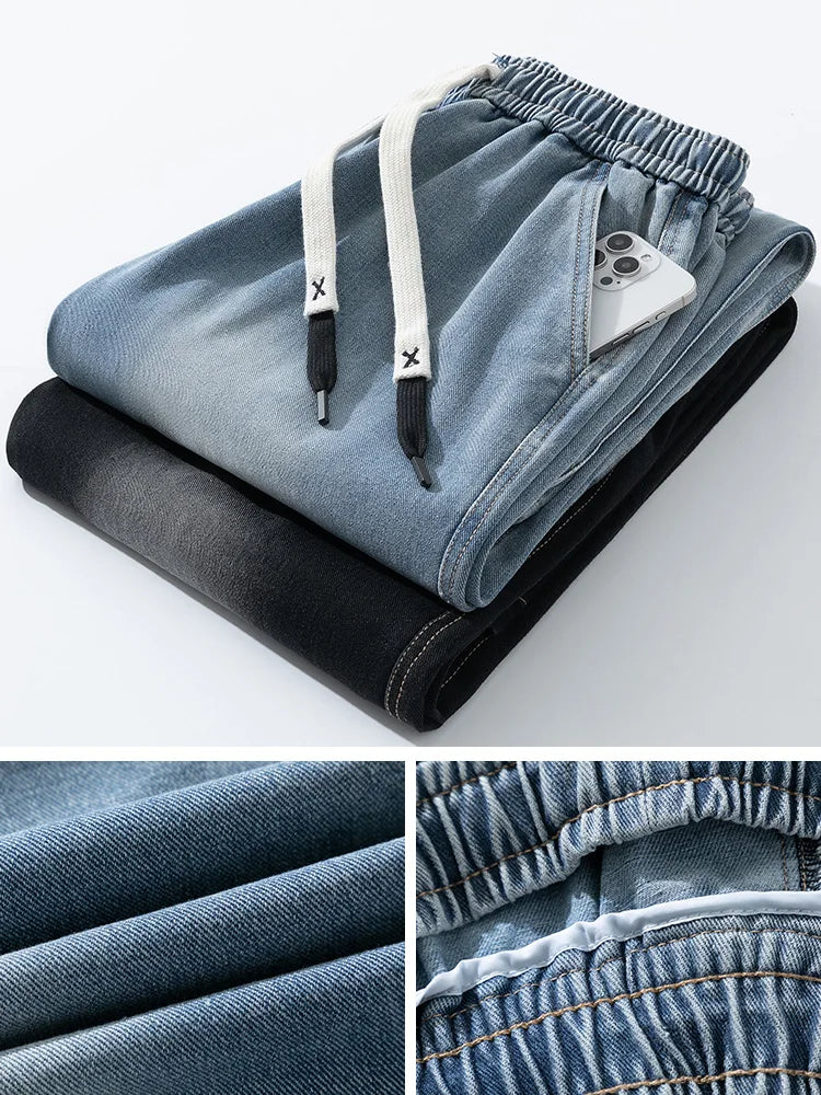 Big Size Men's Jeans 8XL 7XL 6XL String Banding Wide Leg Straight Denim Pants Washed Cotton Casual Baggy Jean Trousers Male