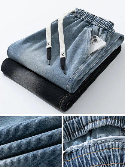 Big Size Men's Jeans 8XL 7XL 6XL String Banding Wide Leg Straight Denim Pants Washed Cotton Casual Baggy Jean Trousers Male