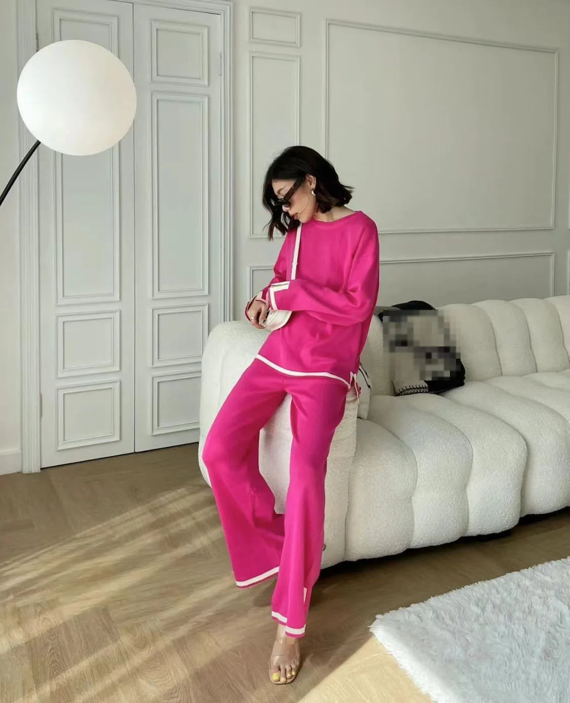 Autumn Women's Clothing Fashion Set Contrasting Color Split Long Sleeved Knitted Shirt High Waist Wide Leg Pants Two-piece Set