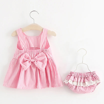 2025 Girls Cute Summer Sleeveless Dress Girl 2Pieces Sets Short Pants + Dress Set Stripe Patten for Baby 6-24M