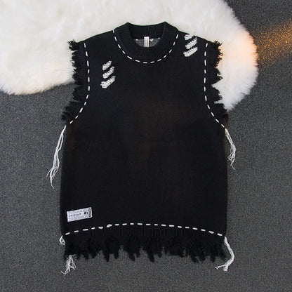Sweater Vests Men Frayed Raw Edge Comfortable Sleeveless All-match Japanese Style Knitting Leisure Daily Chic Aesthetic Classic